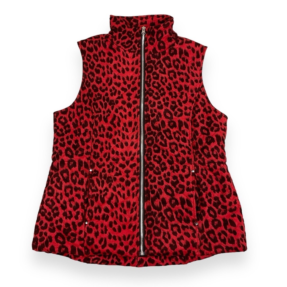 Klass Vest Womens Medium Red Black Animal Print Full Zip Pockets Sleeveless